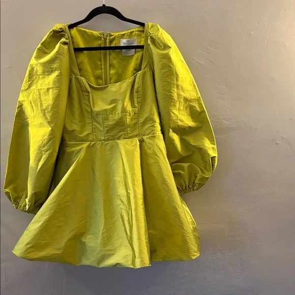 BHLDN Sage balloon puff sleeve fit & flare mini dress wedding cocktail party 8 - Picture 4 of 8